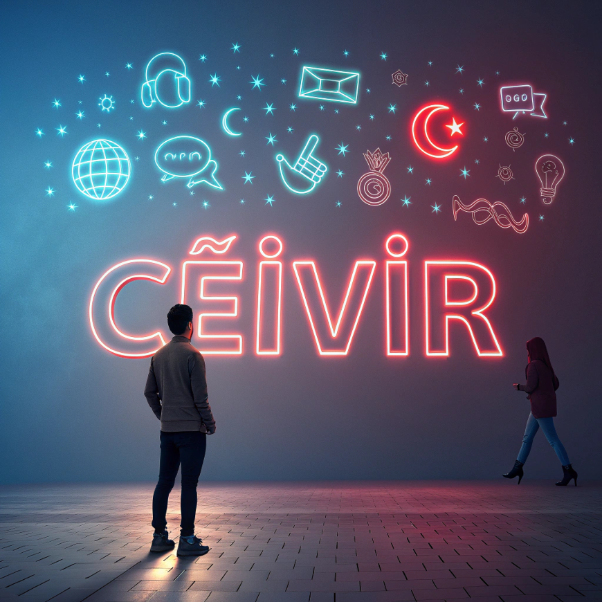 A vibrant digital artwork featuring the word “Ceıvır” glowing in futuristic style, surrounded by internet icons, emojis, and subtle Turkish linguistic elements on a modern gradient background.