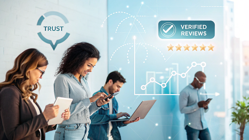 A realistic image of people using laptops and smartphones to post verified reviews on RaterPoint, with five-star ratings and trust badges displayed on a digital screen.