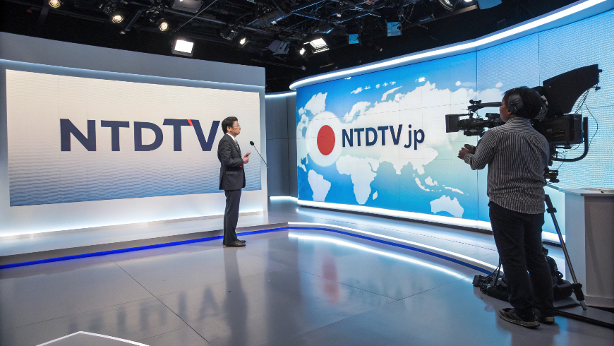A realistic news studio featuring the NTDTV logo with Japanese text “ntdtvjp” on a large screen, symbolizing Japan’s voice in alternative global media.